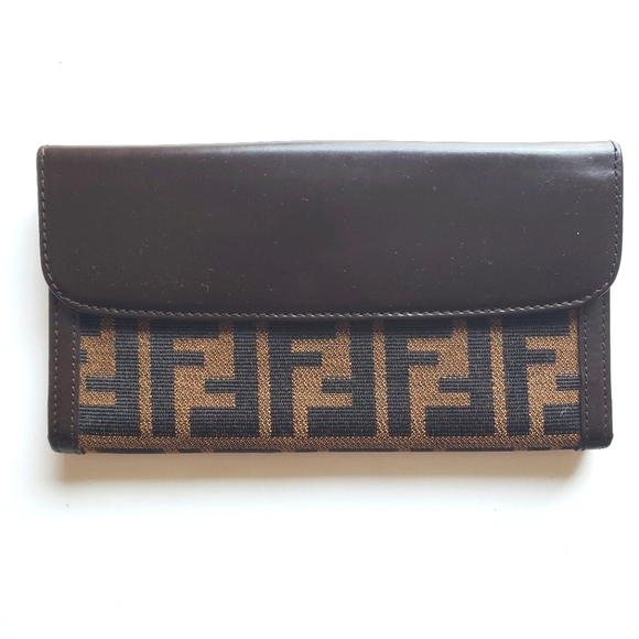 Fendi Zucca Canvas Long Bifold Leather Wallet Brown - Picture 1 of 13